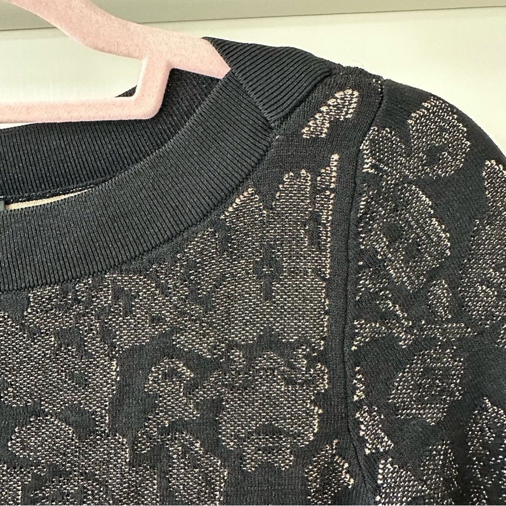 Ann Taylor Black Floral 3/4 Sleeve Sweater with Tan Underlay, Size Medium - Picture 2 of 8